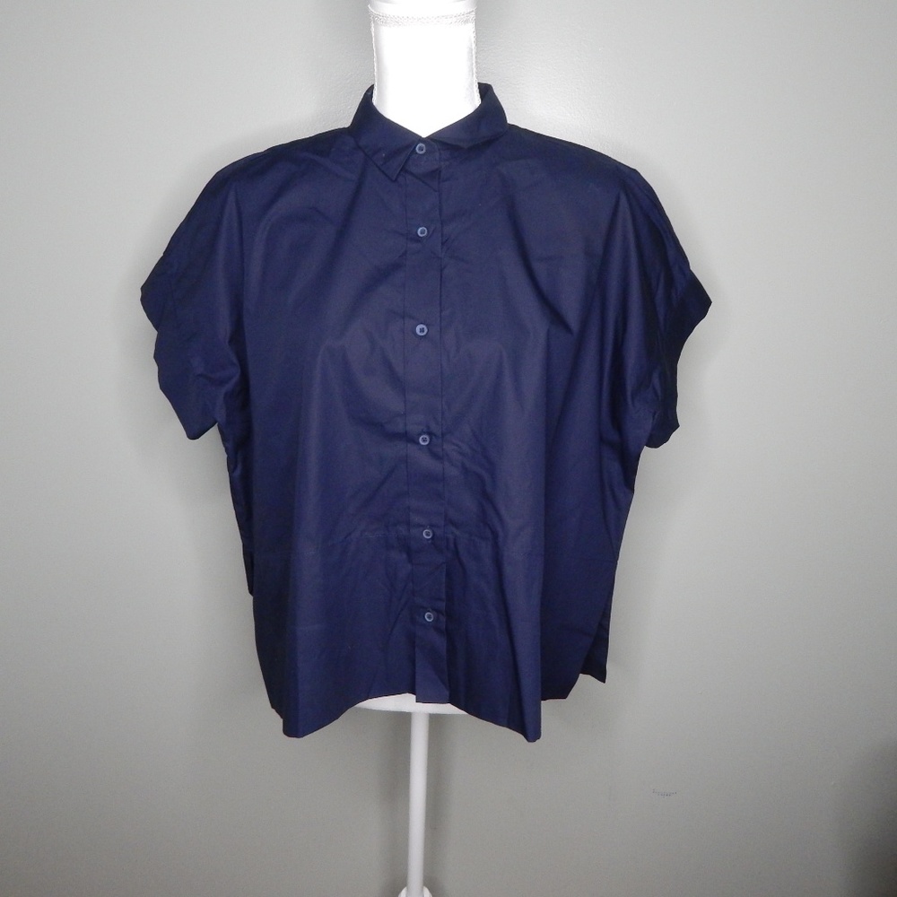 everlane women cotton popplin shirt sz 6 navy blue